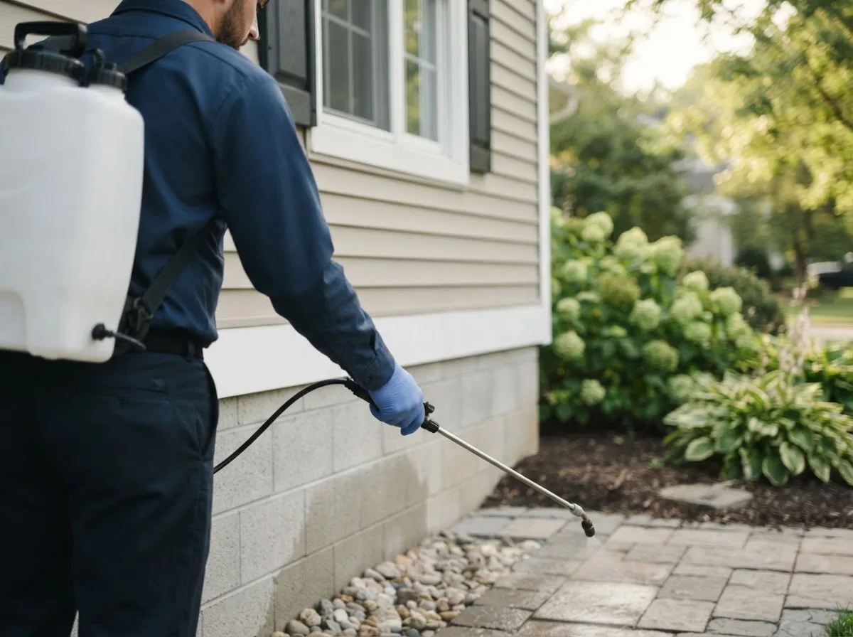 Pest control technician inspecting a home in Jim Falls, WI